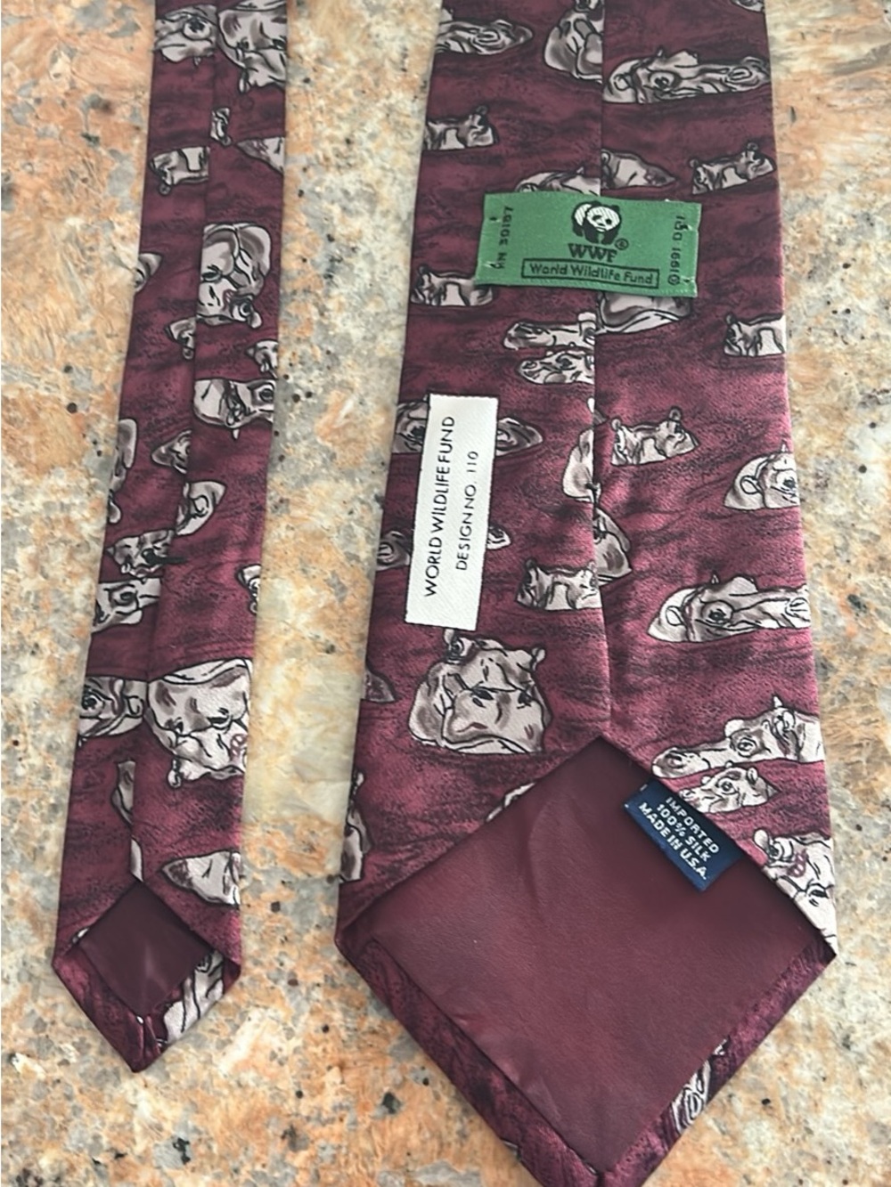 WWF Burgundy Rhino Pattern Silk Tie